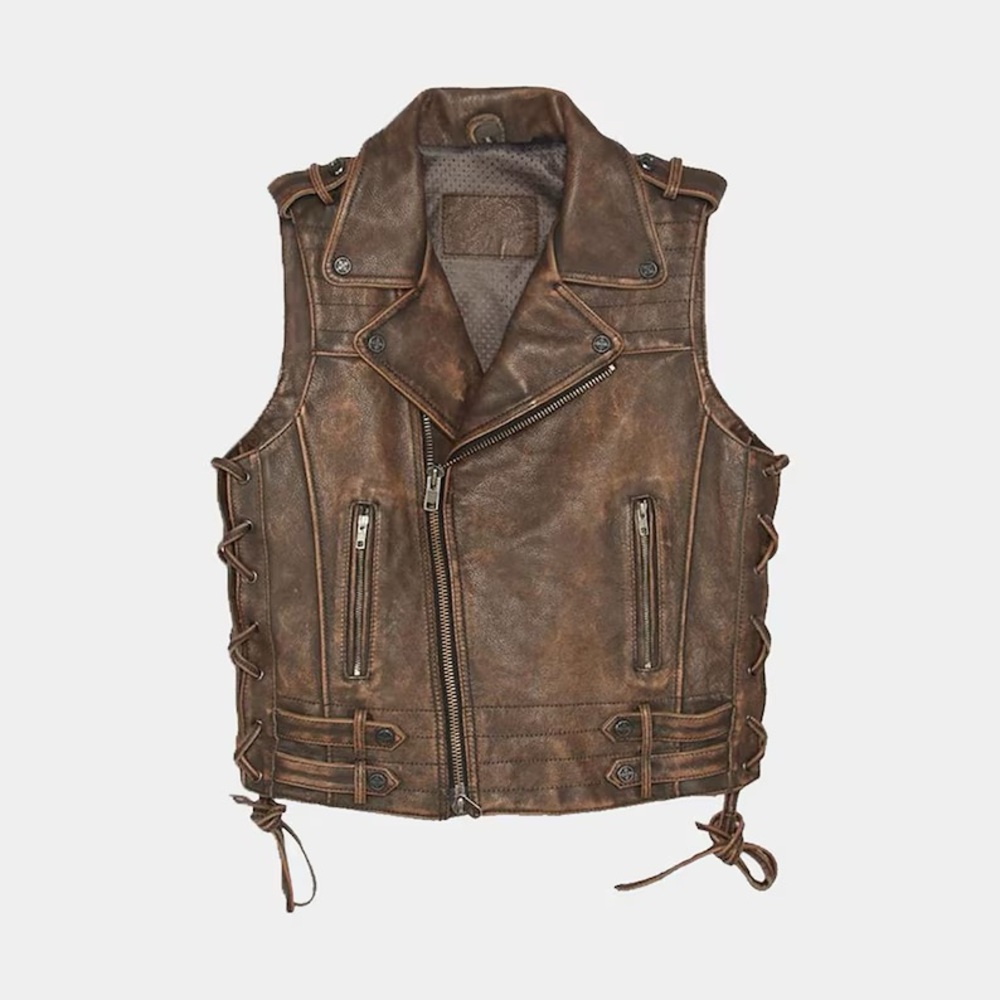 Vintage Leather Men Distressed Brown Motorcycle Concealed Carry Leather Vest